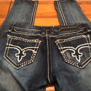 Rock Revival Skinny Jeans, Sz 28, inseam 30, rise 7 inches. Dark wash